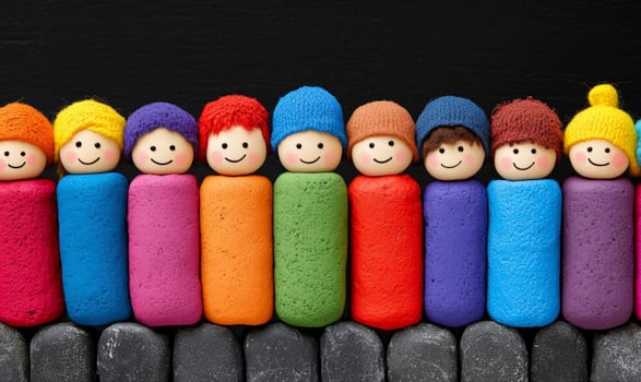 Colorful Wooden Toys in a Row Featuring Happy Smiling Faces with Winter Hats on a Black Background, Perfect for Children's Decor or Playtime Ideas photo