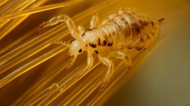 Extreme close-up of a louse clinging to human hair strands with detailed body texture photo