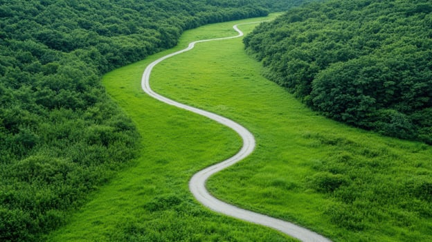 Winding trail through lush green landscape evokes sense of tranquility and adventure photo