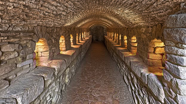 Exploring ancient stone corridors illuminated by warm lights in an underground passageway photo