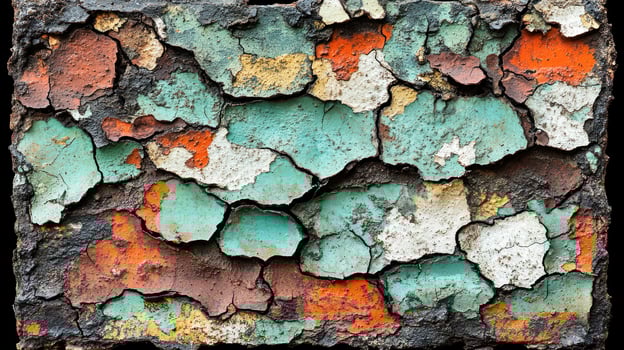 Colorful textures display weathered layers of a timeworn mural on a city wall photo