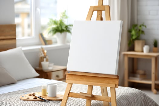 Blank frame for wall art mockup in a modern bedroom setting with an easel and neutral decor for creative inspiration photo