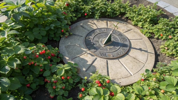 A circular clock in a flower bed surrounded by plants photo