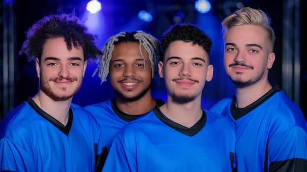 Diverse confident esports team in blue jerseys portrait image. Group of friendly male players camaraderie photography human scene. E sports cybersport concept photo-realistic photo