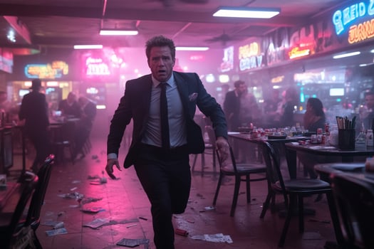 A man in a suit and tie running through a bar photo