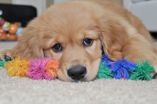 A dog laying on the floor with colorful toys photo