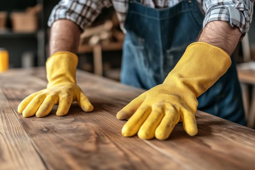 A man wearing yellow gloves on a wooden table photo