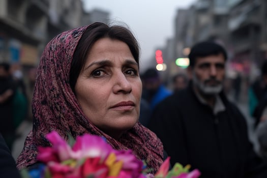 A woman in a headscarf stands in the middle of a crowd photo