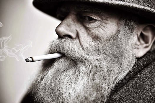 A man with a long beard and a hat smoking a cigarette photo