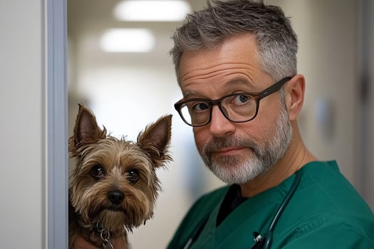 A man in a green scrub suit holding a small dog photo