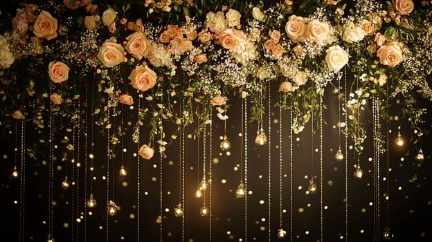Dramatic Wedding Stage with Suspended Bulbs and Cascading Garden Roses in Golden Ambient Lighting photo