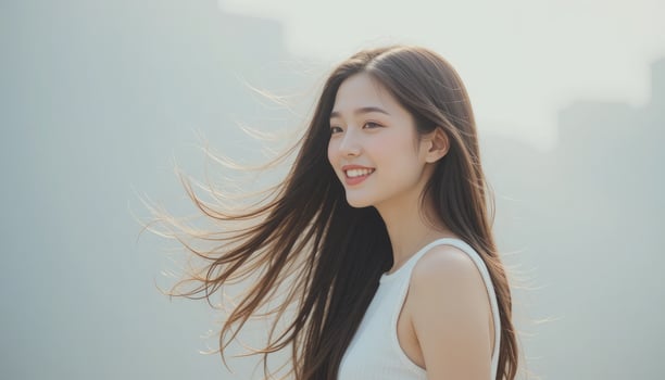 Smiling Female Model with Flowing Jet Black Hair photo