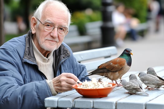 A man sitting on a bench feeding pigeons photo
