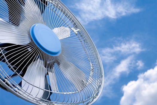 A close up of a fan with blue sky in the background photo
