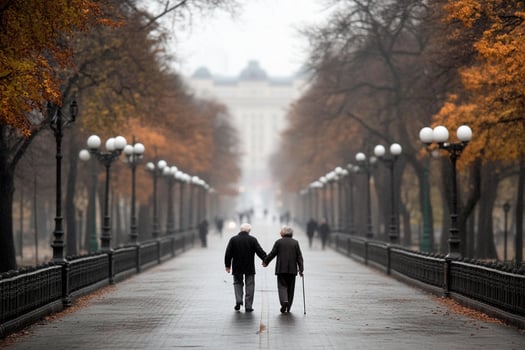 An elderly couple walking down a walkway in the fall photo