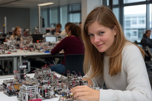A young woman is working on a lego city photo