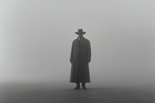 A man in a long coat and hat standing in the fog photo