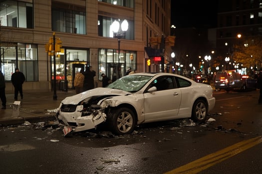 A white car is damaged in the middle of the road photo