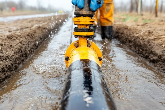 A man in an orange safety suit is holding a pipe photo