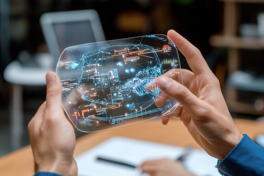A person holding up a glass screen with a futuristic design photo