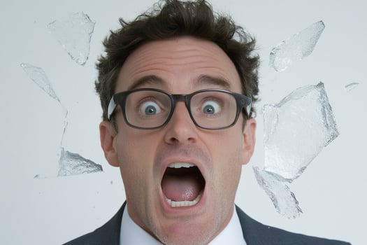 A man with glasses and a suit is making a face photo
