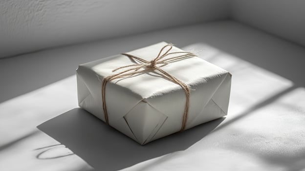 A white wrapped gift box sitting on a table photo