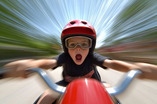 A young boy wearing goggles and a helmet riding a motorcycle photo