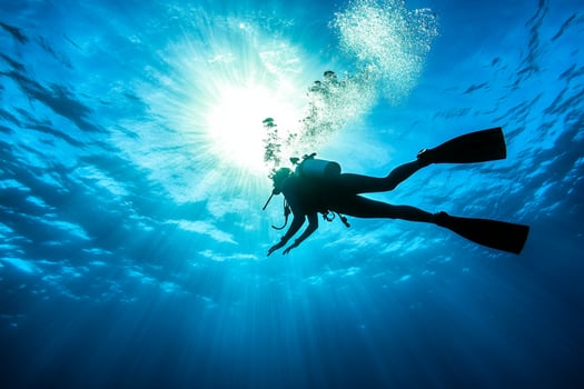 A scuba diver in the ocean with sunlight shining through the water photo