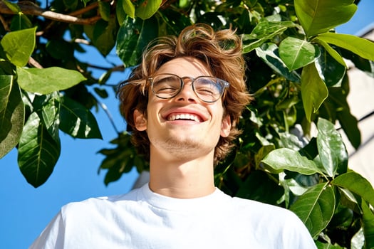 A man with glasses and a white t - shirt is smiling photo