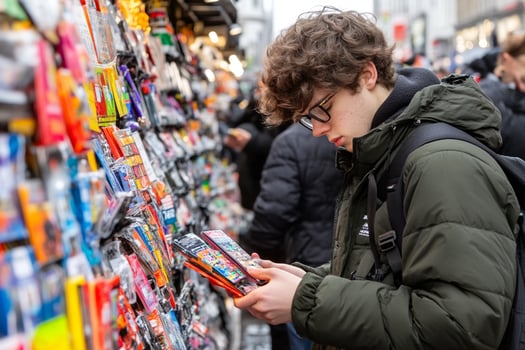 A young man looking at a book in a book store photo