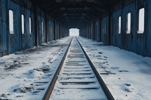 An empty train tunnel with snow on the ground photo