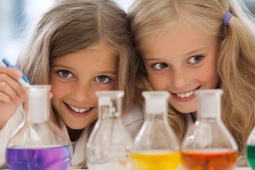 Two young girls are smiling while holding up test tubes photo