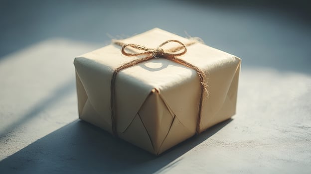 A small wrapped gift box sitting on a table photo