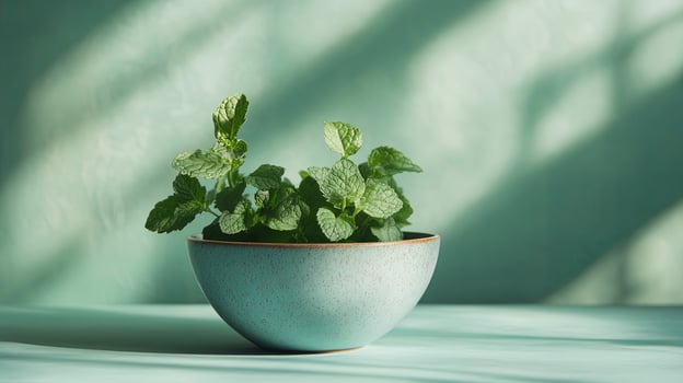 Fresh Mint Plant in Blue Pot - Home Gardening Decor photo