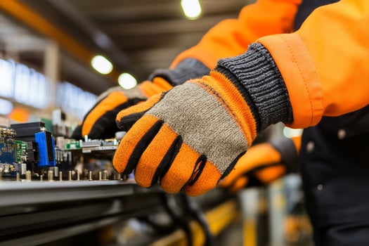 A person wearing orange gloves working on a machine photo