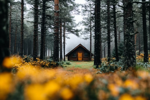 A cabin in the woods surrounded by yellow flowers photo