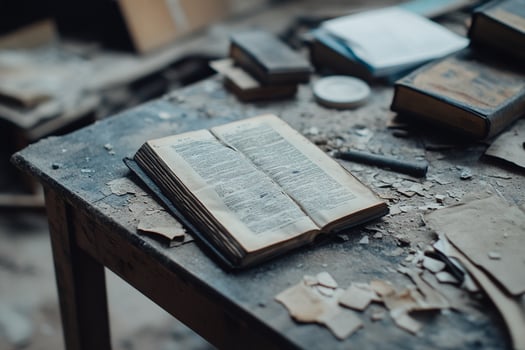 An old book sits on a table in a room photo
