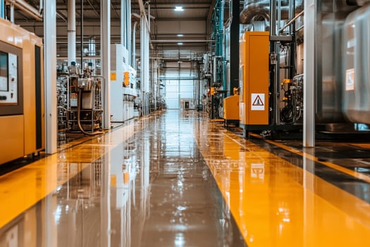 A factory floor with yellow and orange pipes photo