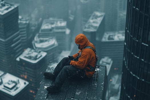 A man sitting on the edge of a building in the city photo