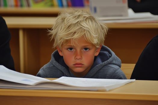 A young boy sitting at a desk in a classroom photo