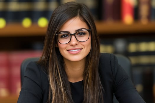 A beautiful young woman with glasses sitting at a desk photo