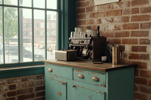 A blue cabinet with a coffee maker on it photo