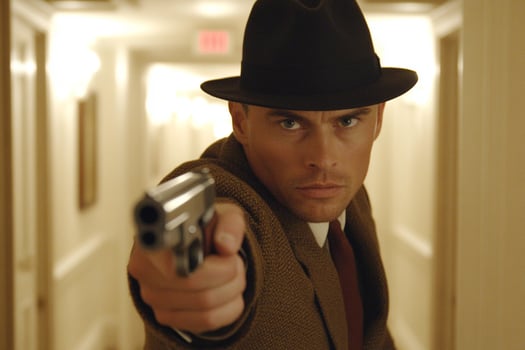 A man in a hat and coat pointing a gun at a camera photo