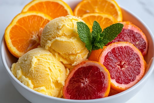 A bowl of orange slices and ice cream photo