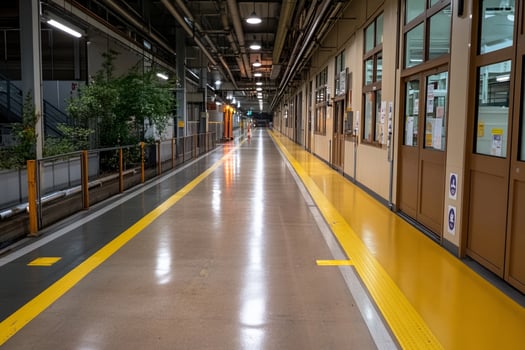 A long yellow and white hallway with yellow markings photo