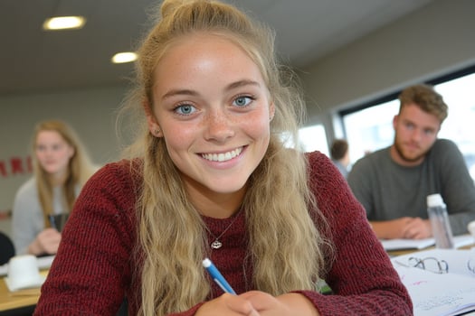 A smiling girl with a pen in her hand photo