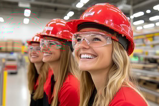 Three women wearing hard hats and safety glasses photo