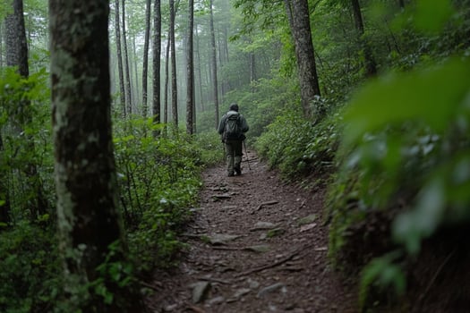 A man walks through the woods on a trail photo