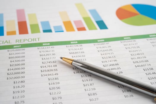 Pen on financial data graph paper in business. photo