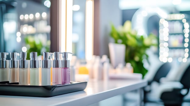 Luxury skincare products on salon counter with soft lighting and mirror reflection photo